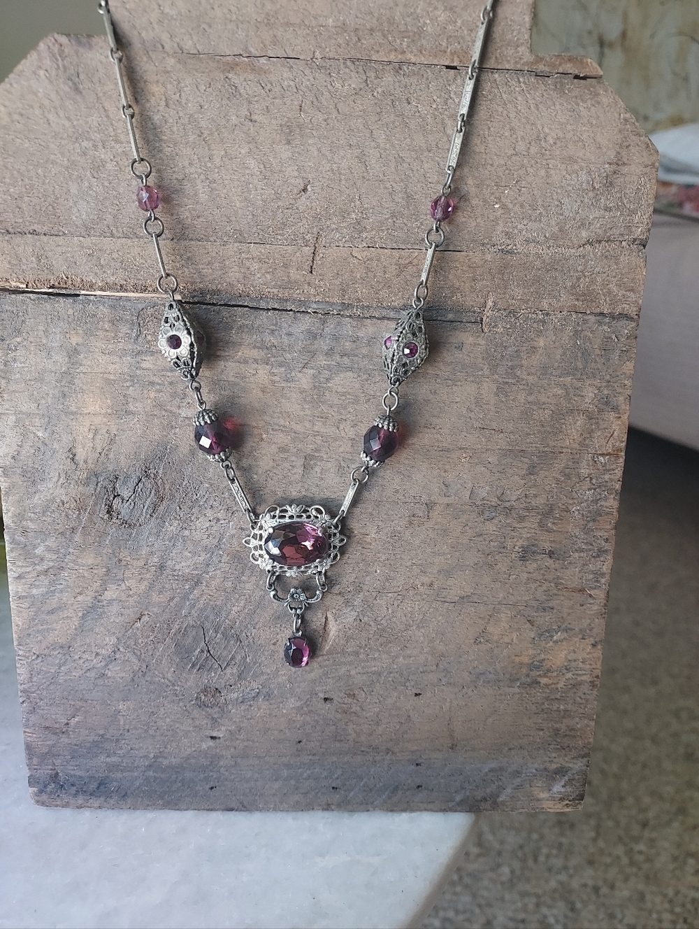 Vintage-Style Gothic Pewter Necklace with Amethyst Gemstones